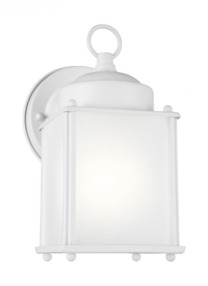 New Castle traditional 1-light outdoor exterior wall lantern sconce in white finish with satin etche
