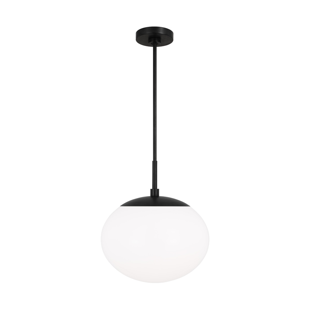 Lune modern mid-century large indoor dimmable 1-light pendant in an aged iron finish and milk white
