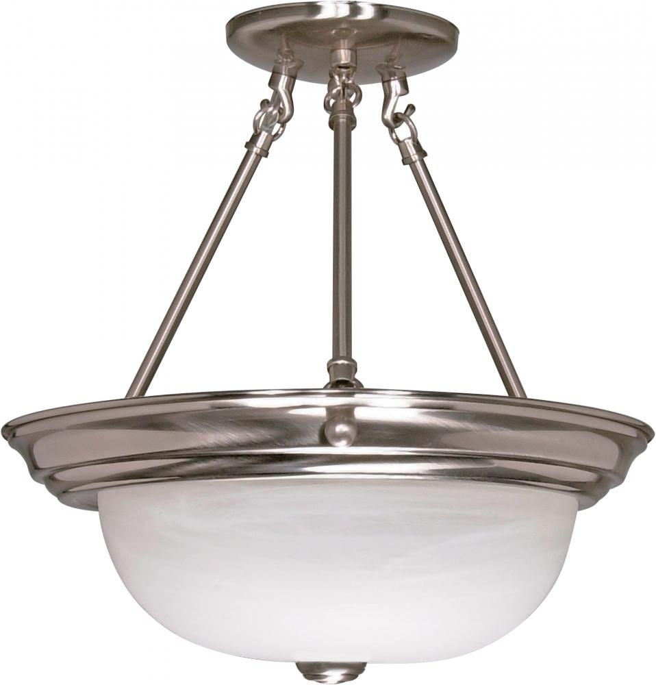 2-Light Medium Semi Flush Light Fixture in Brushed Nickel Finish with Alabaster Glass and (2) 13W